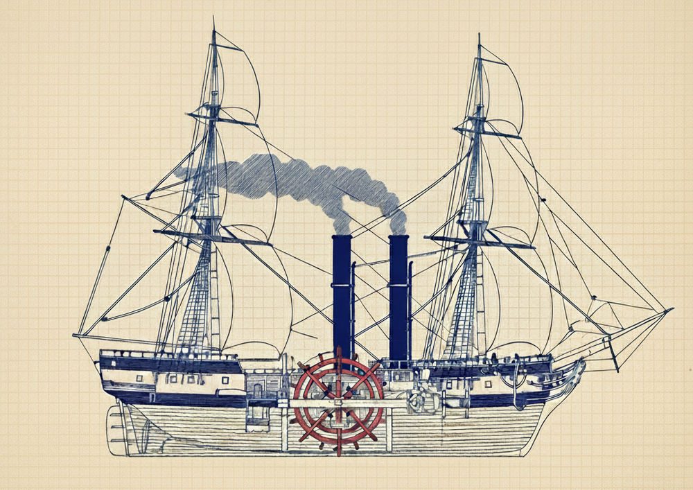 Illustration of a sailing ship adapted with steam power